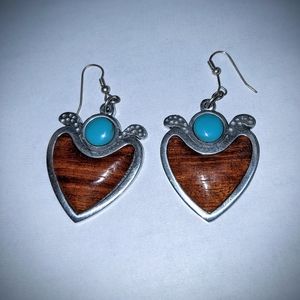 Wood turquoise wooden heart earrings stainless